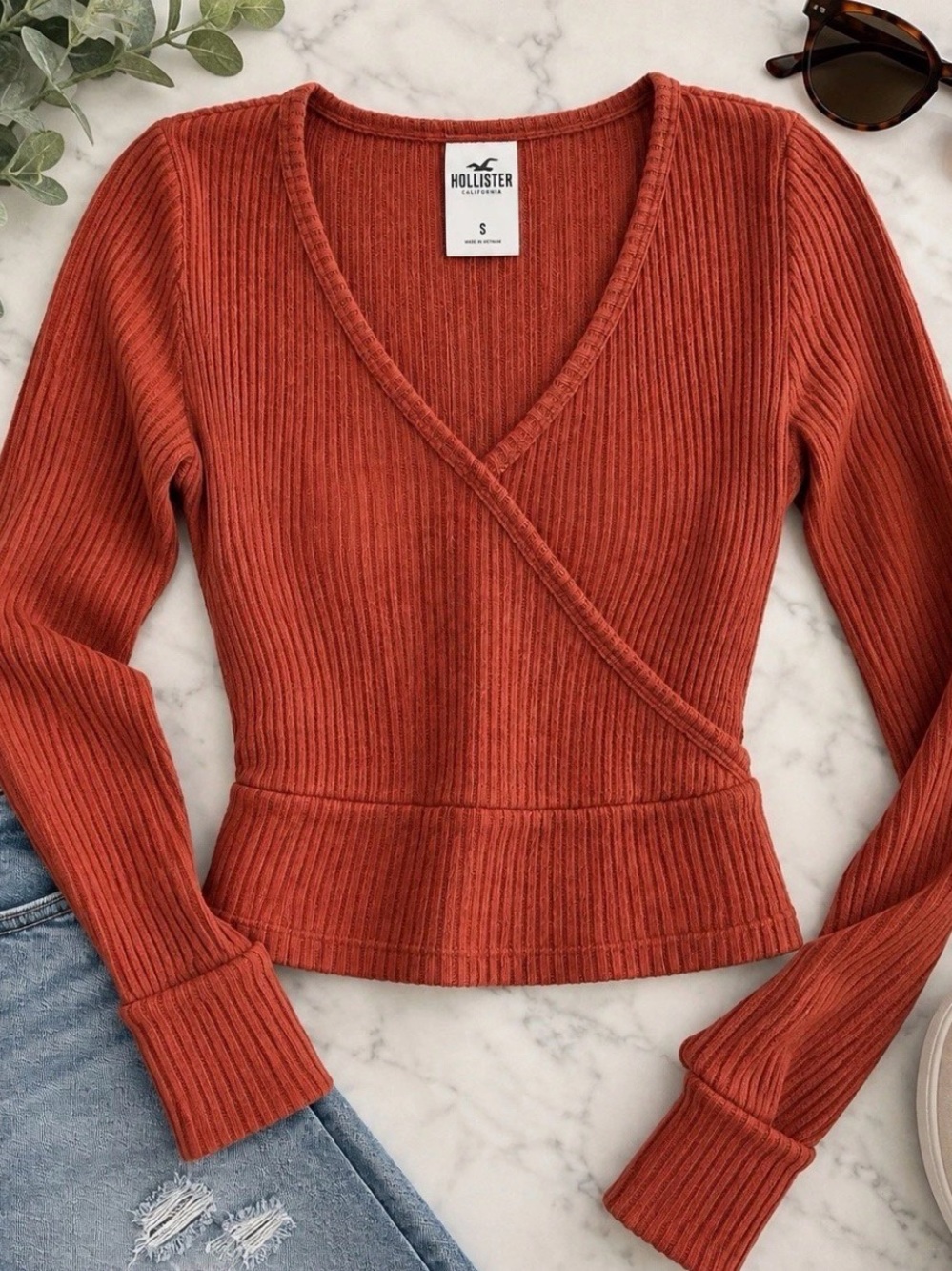 Hollister Womens Ribbed Sweater Long Sleeve Rust Red Size Small Y2K